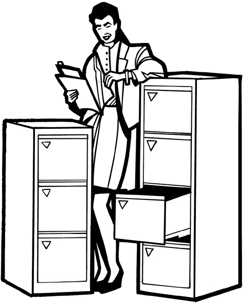 Businesswoman at filing cabinet vinyl sticker. Customize on line. Office and Art 066-0121